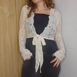 Vintage Western Coastal Cottage Sheer White Lace Long Sleeve Tied Wrap Blouse
